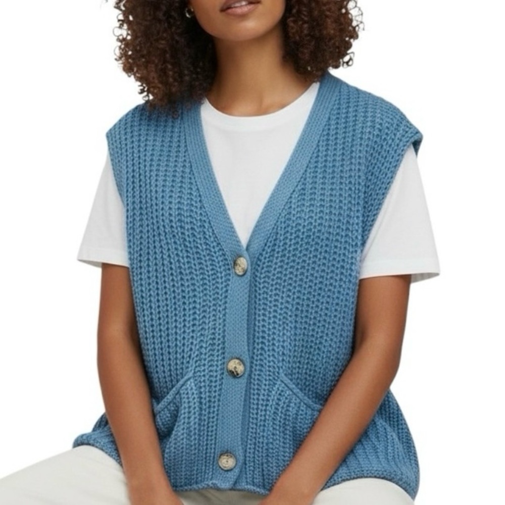 Blue Knit Button-Front Sweater Vest